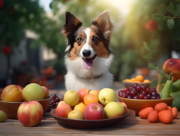 異なるボウルで熱帯の果物で満たされたテーブルのそばで待っている幸せな犬 晴れた ⁇ 昧な屋外の背景 生成的なAI技術で作成された