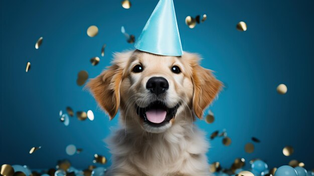 Happy dog wearing a party hat celebrating at a birthday party