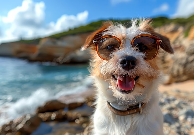 Счастливая собака в солнцезащитных очках на пляже
