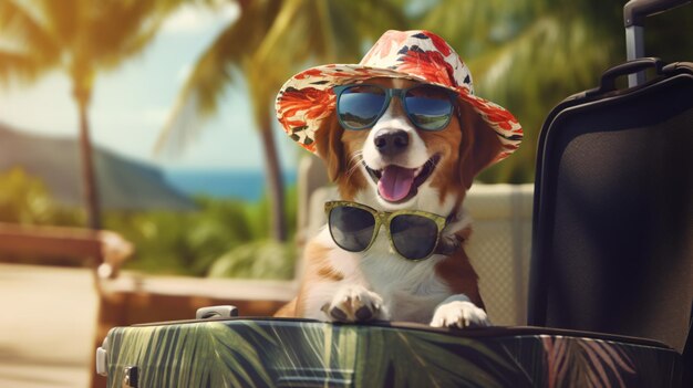 Foto un cane felice che indossa occhiali da sole e un cappello sta andando in viaggio