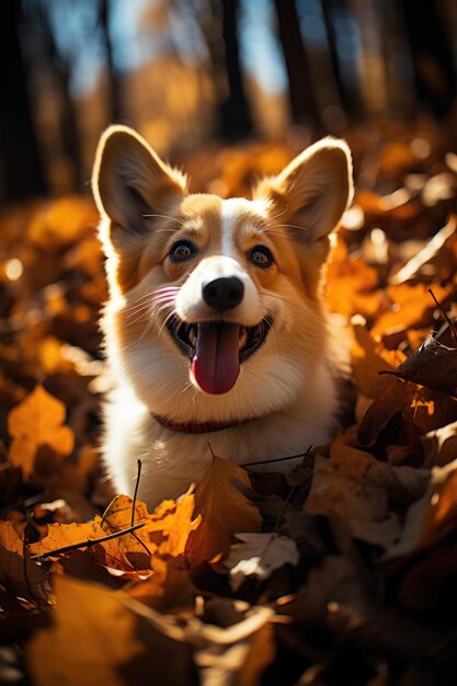 Happy dog of welsh corgi pembroke breed on a walk in an autumn forest