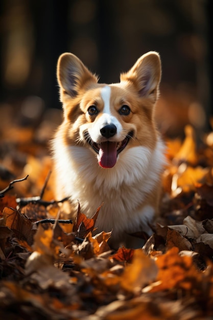 Happy dog of welsh corgi pembroke breed on a walk in an autumn forest