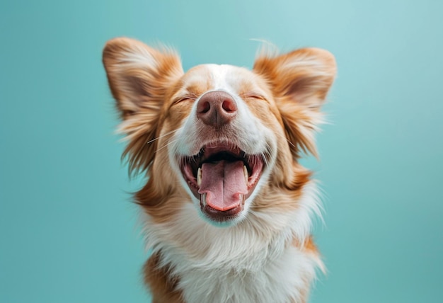 Happy dog with blue background photo