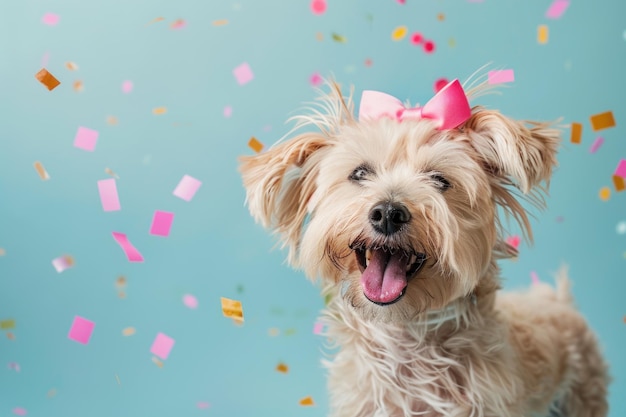 コンフェッティで明るい青い背景に弓をつけた幸せな犬