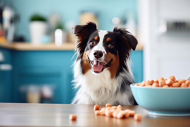 Happy dog with a bowl of food at home