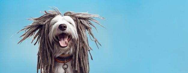 Happy dog with dreadlocks on a blue background Space for text banner