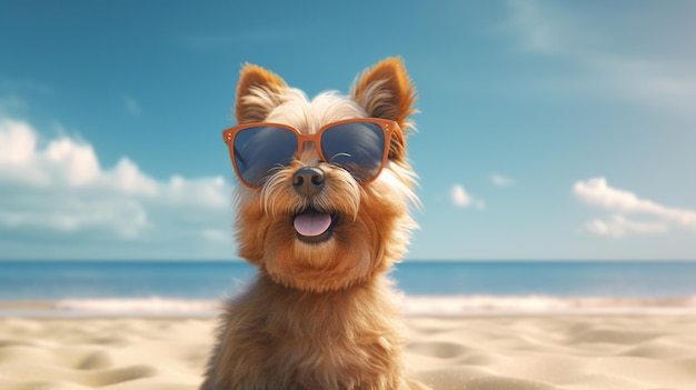 Happy dog with glasses on the beach Generative AI