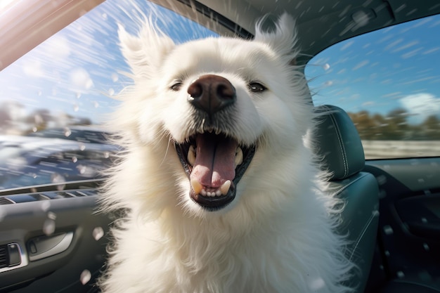 楽しんでいる車の窓から頭を出した幸せな犬