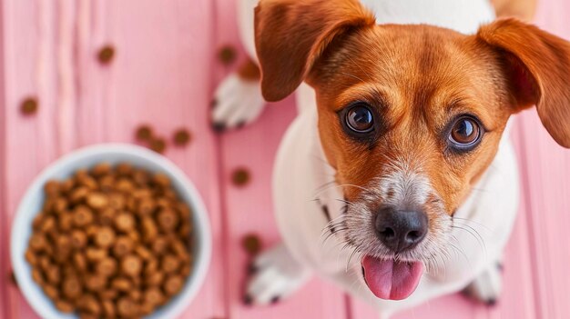 Foto cane felice con la sua ciotola di cibo ai generativa