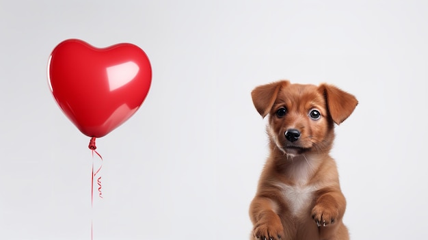 Happy dog with a red heart shaped balloon for Valentine Day in a clean backdrop Generative AI