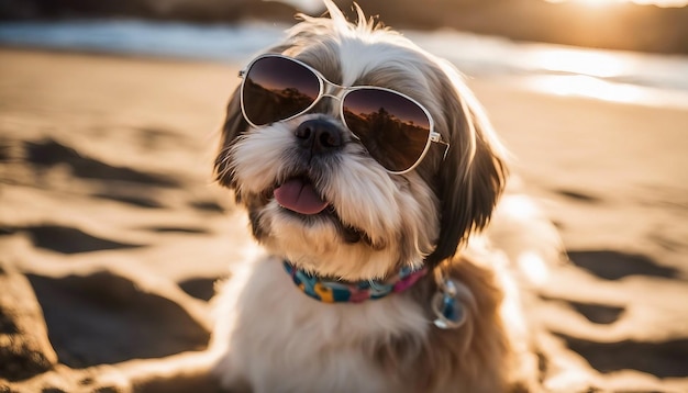 カリフォルニアの沈んだビーチの下でサングラスをかぶった幸せな犬