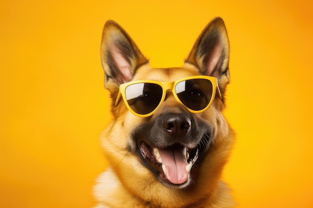 A happy dog with sunglasses on yellow background