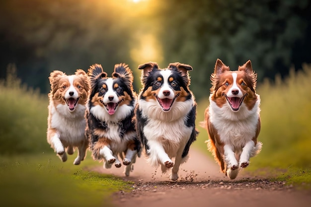 Happy dogs are running towards camera in outdoor activity