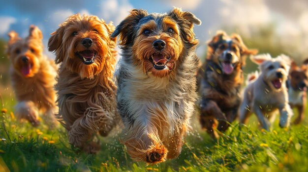 Счастливые собаки, бегущие на открытом воздухе.