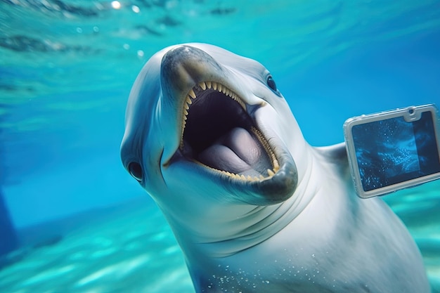 Happy dolphin wild animal making a selfie with a smartphone illustration generative ai