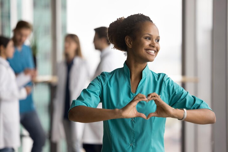 Photo happy dreamy beautiful african doctor woman promoting cardio healthcare checkup