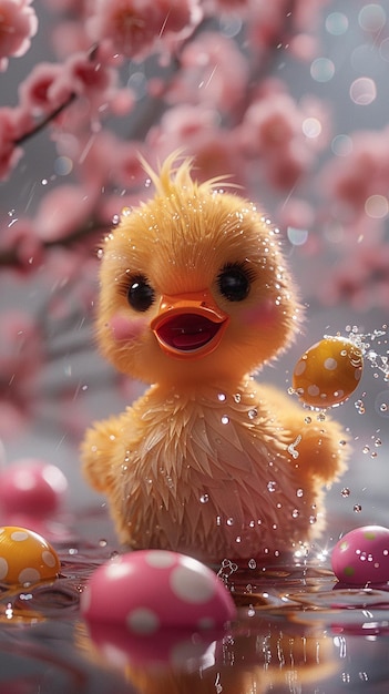 Photo happy duckling splashing in a puddle wallpaper