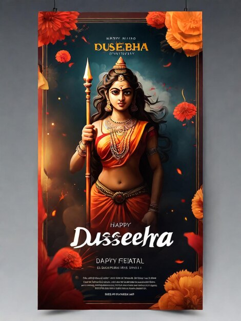 Foto happy dussehra celebration poster design met hindoe-mythologie heer rama met boog en pijl tegen verbrande bruine achtergrond