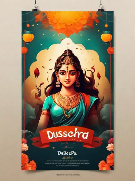 Фото Счастливый праздник дешера дизайн плаката с индуистской мифологией господь рама с луком и стрелой на обгорелом коричневом фоне