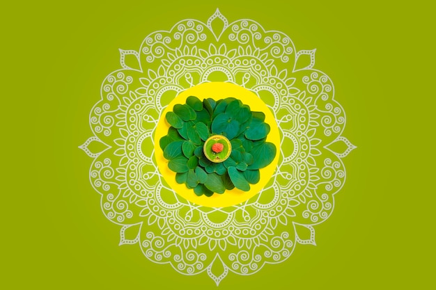 행복한 Dussehra 인사말 카드, 녹색 잎과 쌀, 인도 축제 dussehra