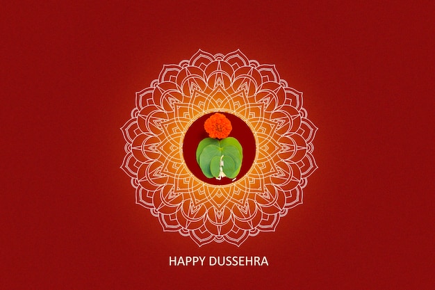 Foto felice biglietto di auguri dussehra, foglia verde e riso, festival indiano dussehra