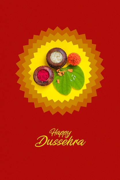 Happy Dussehra greeting card , green leaf and rice, Indian festival dussehra