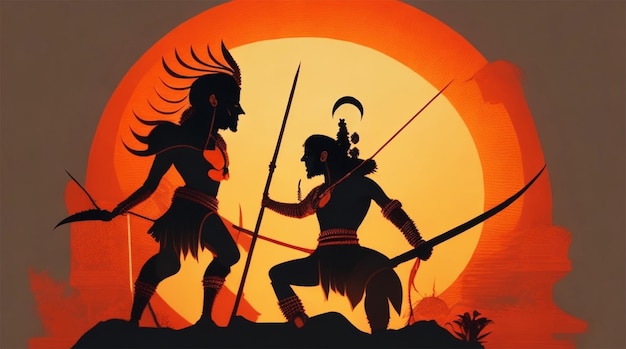 Happy Dussehra with lord Rama and Raavan silhouette
