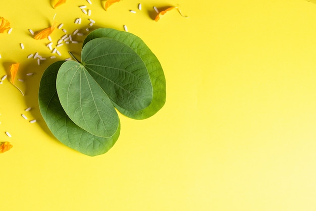 Happy Dussehra. Yellow flowers, green leaf and rice on yellow background.