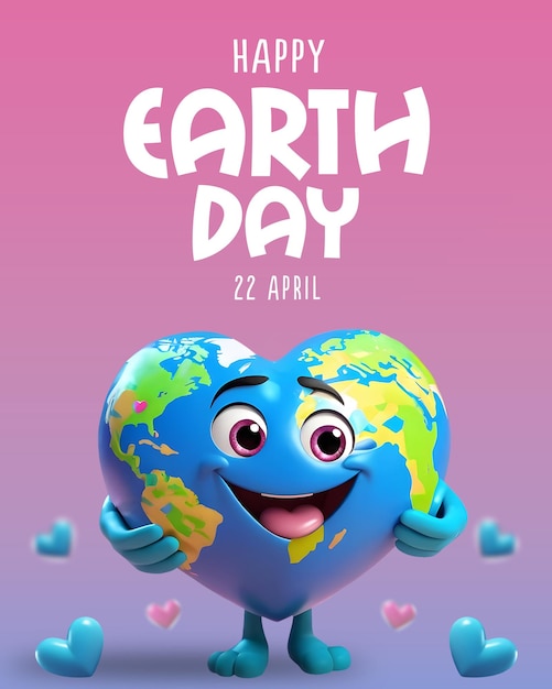 Happy Earth Day poster social media post with smiling heart shaped earth character