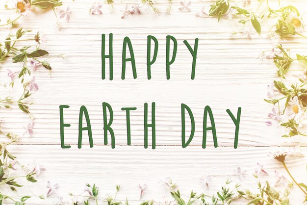 Happy earth day text sign on beautiful lilac and daisy flowers on rustic white wooden background top view greeting card environmental concept earth day save environment eco