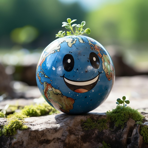 Photo a happy earth with happy face on blue background png