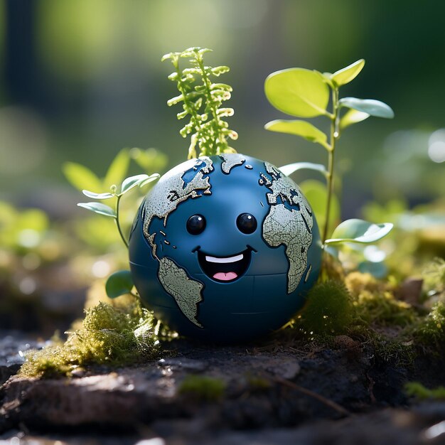 Foto una terra felice con un viso felice su uno sfondo blu png