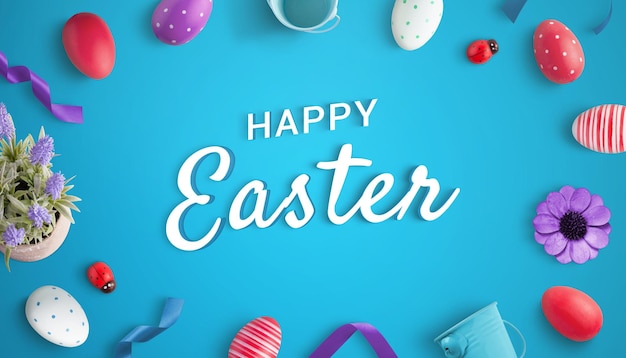 Happy Easter 3d text and easter decorations Top view flat lay composition