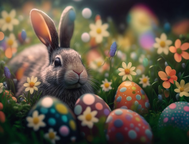 Happy Easter achtergrondconcept Bunny met paaseieren op de weide met bloemen gemaakt met Generative AI technologie