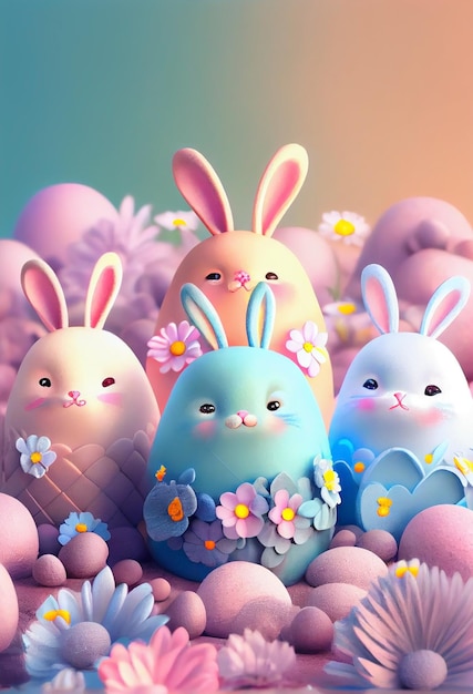 Happy easter Adorable bunny in flower meadow pastel colored Generative AI