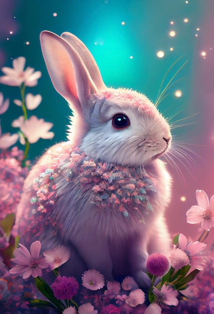 Happy easter Adorable bunny in flower meadow pastel colored Generative AI