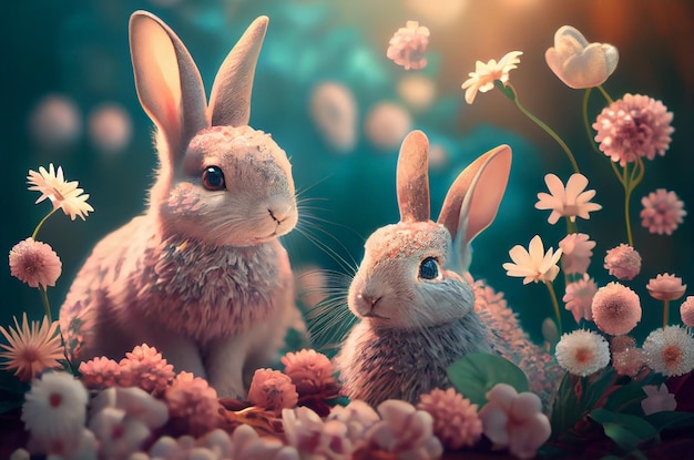 Happy easter Adorable bunny in flower meadow pastel colored Generative AI