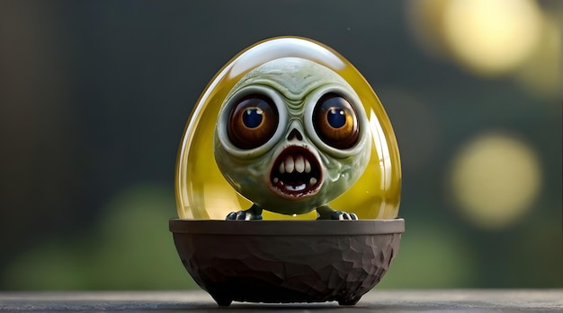 Photo happy easter baby monster zombie eggs angry in 3d glass egg with lighting bokeh background