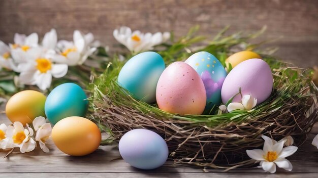 Happy easter background colorful eggs in nest with spring flower banner photo with copy space