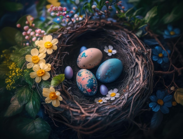 Happy Easter background concept with easter eggs in nest and spring flowers created with Generative AI technology