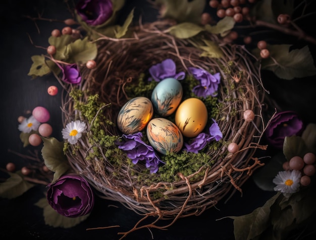 Happy Easter background concept with easter eggs in nest and spring flowers created with Generative AI technology