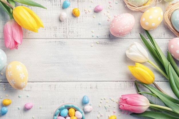 Happy Easter Background With Bunnies Eggs Flower