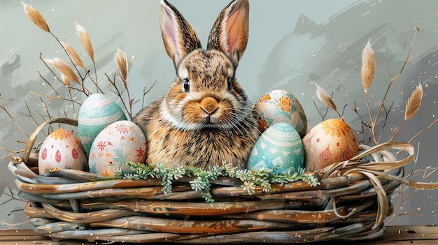 Happy Easter Background with colorful eggs in basket Table decorating for holiday