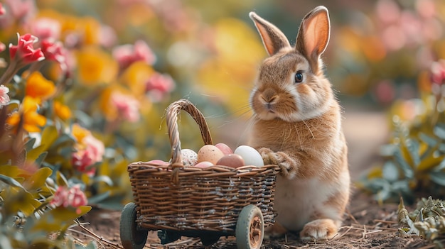 Happy Easter Background with colorful eggs in basket Table decorating for holiday