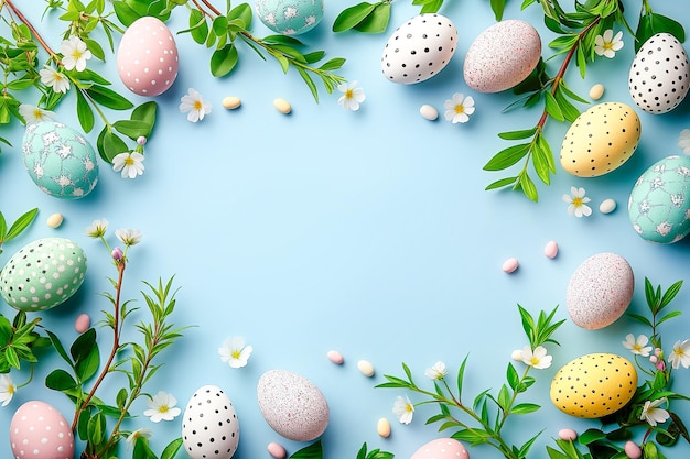 Photo happy easter background with colorful eggs flowers and copy space