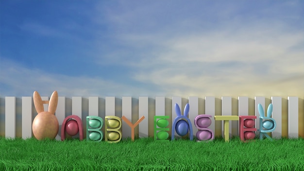 Photo happy easter background with colorful eggs on green meadow&on blue sky. greetings. 3d rend