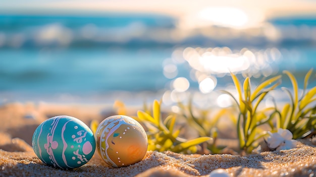 Счастливый пасхальный фон с яйцами на песчаном пляже