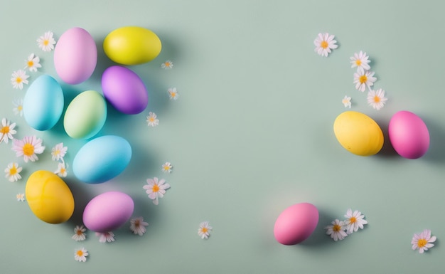 Happy easter background with flowers and eggs lined with a frame for text pastel colors with lots of