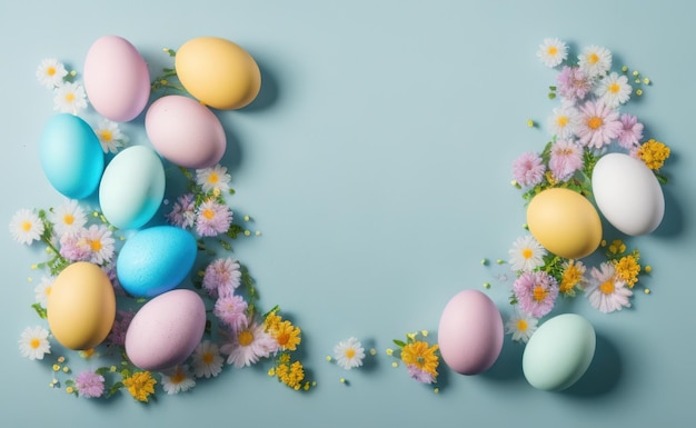 Happy easter background with flowers and eggs lined with a frame for text pastel colors with lots of