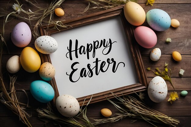 Happy Easter background with message frame and easter eggs scene